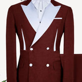Gwenhwyfar Navy Suit Men's British Style White Stripe Splicing Slim Fit Party Double Breasted 2 Pieces Sets Blazers Trousers Burgundy